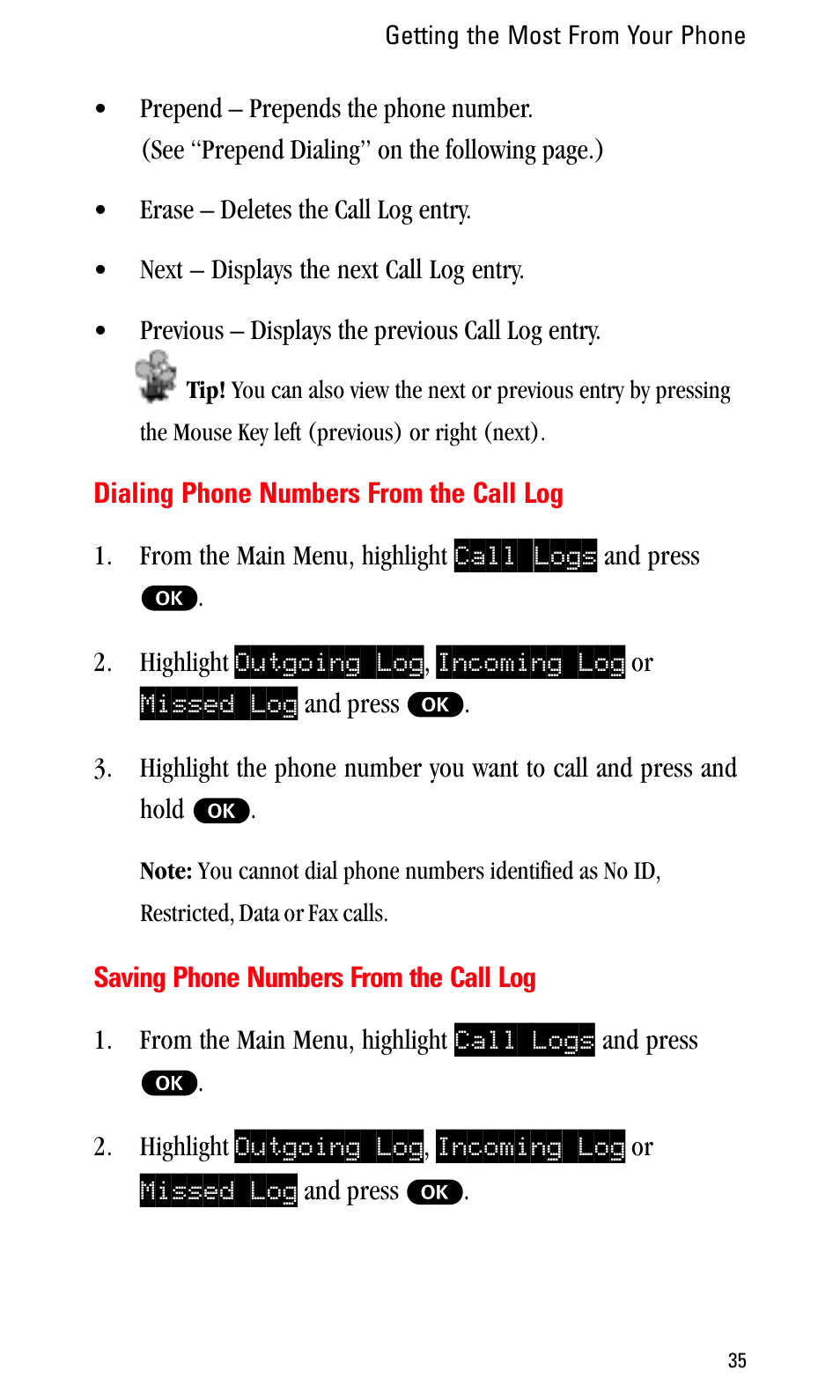 Dialing phone numbers from the call log, Saving phone numbers from the call log | Sprint Nextel LA990009-0462 User Manual | Page 47 / 108