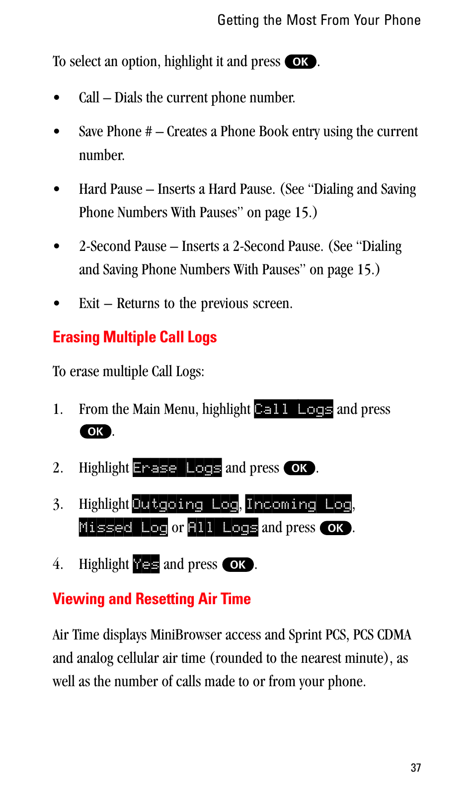 Erasing multiple call logs, Viewing and resetting air time | Sprint Nextel LA990009-0462 User Manual | Page 49 / 108