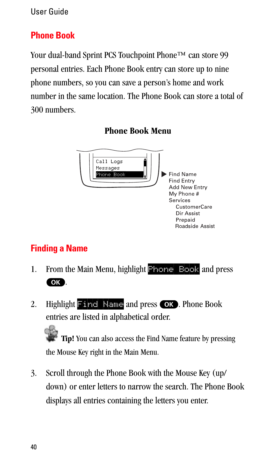 Phone book, Finding a name | Sprint Nextel LA990009-0462 User Manual | Page 52 / 108