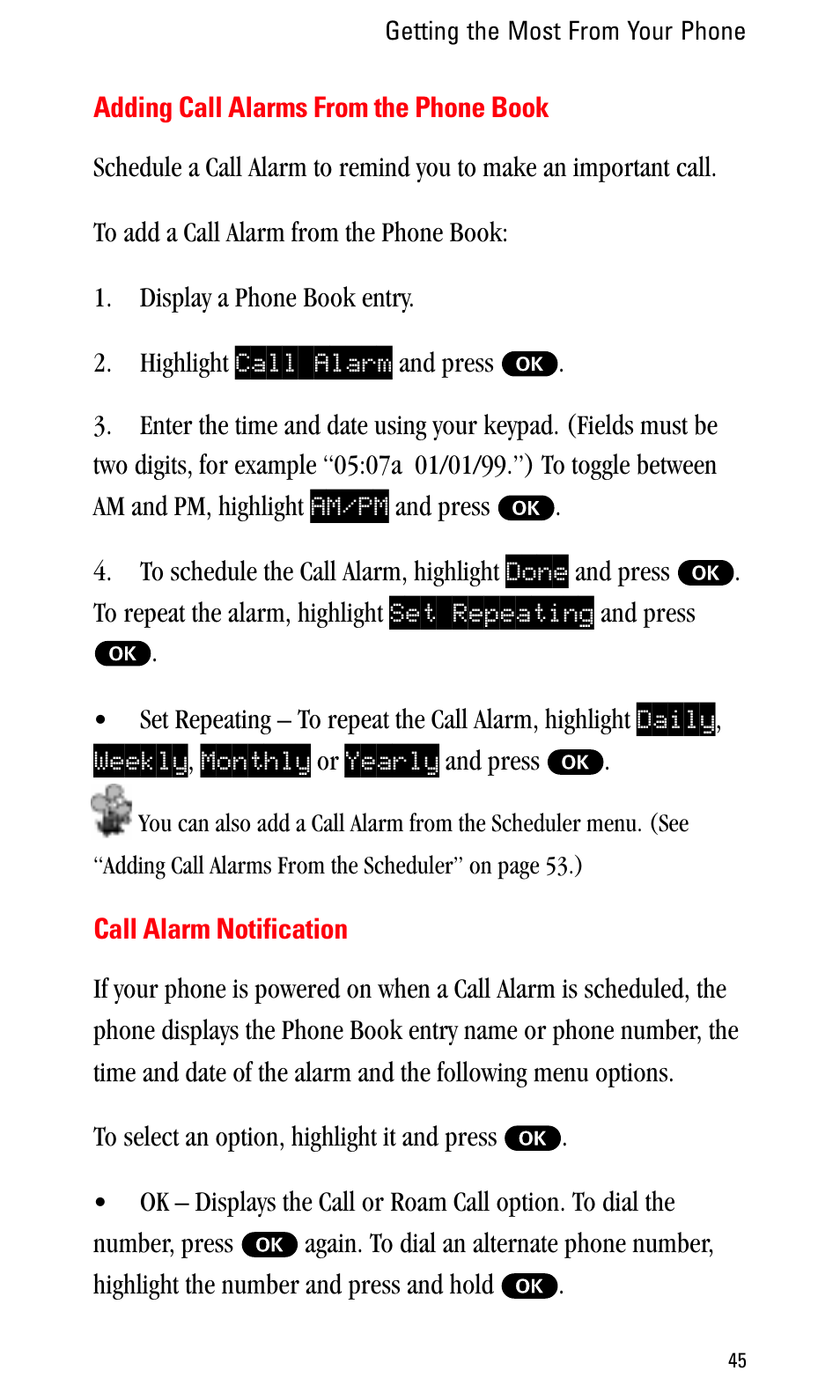 Adding call alarms from the phone book, Call alarm notification | Sprint Nextel LA990009-0462 User Manual | Page 57 / 108