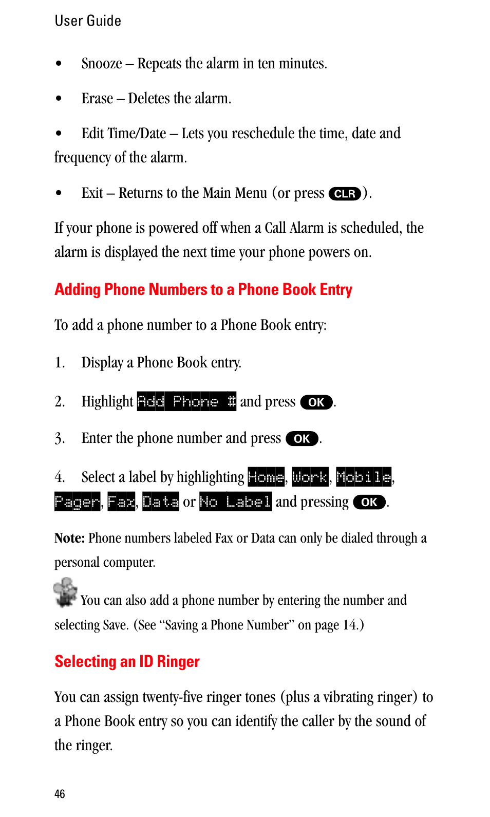 Adding phone numbers to a phone book entry, Selecting an id ringer | Sprint Nextel LA990009-0462 User Manual | Page 58 / 108