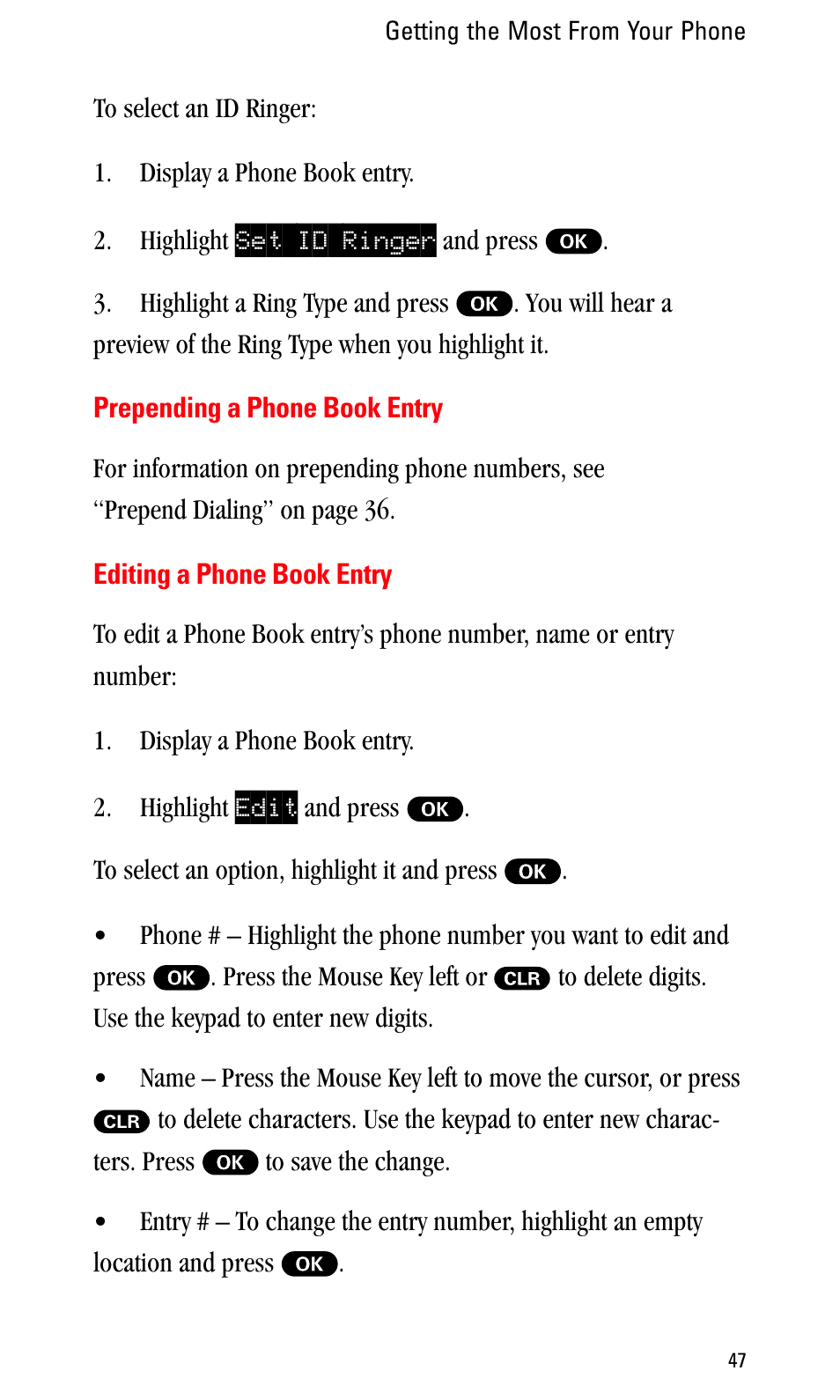 Prepending a phone book entry, Editing a phone book entry | Sprint Nextel LA990009-0462 User Manual | Page 59 / 108