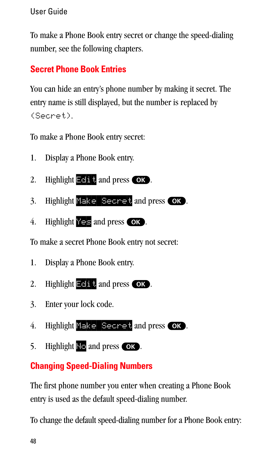 Secret phone book entries, Changing speed-dialing numbers | Sprint Nextel LA990009-0462 User Manual | Page 60 / 108