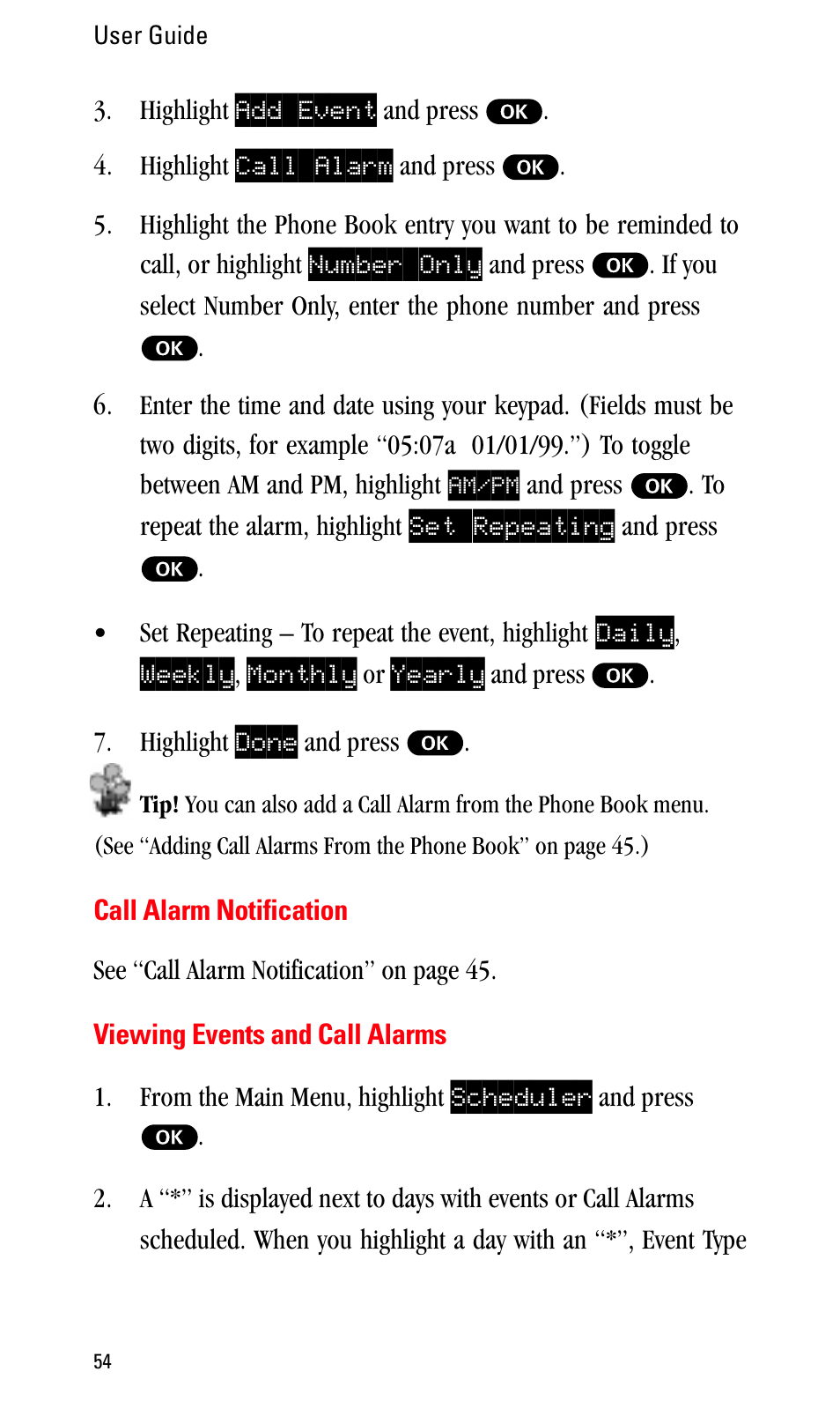 Call alarm notification, Viewing events and call alarms | Sprint Nextel LA990009-0462 User Manual | Page 66 / 108