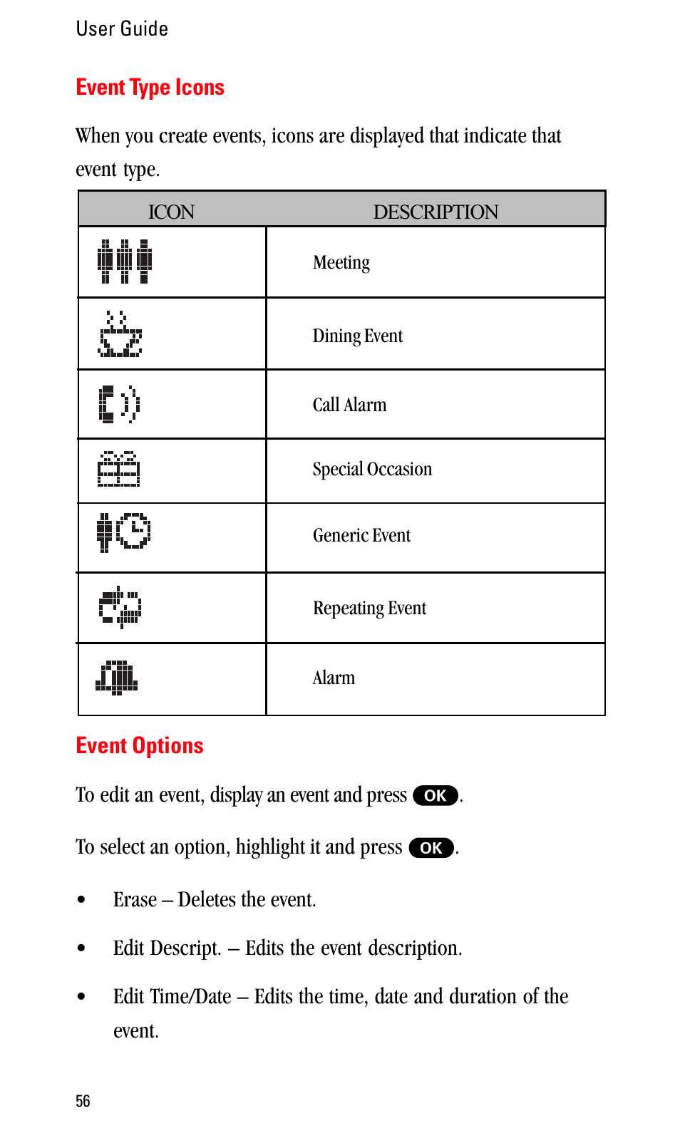 Event type icons, Event options | Sprint Nextel LA990009-0462 User Manual | Page 68 / 108