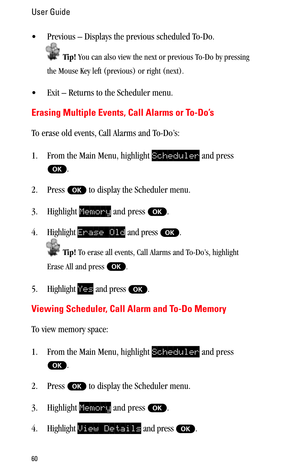 Erasing multiple events, call alarms or to-do’s, Viewing scheduler, call alarm and to-do memory | Sprint Nextel LA990009-0462 User Manual | Page 72 / 108