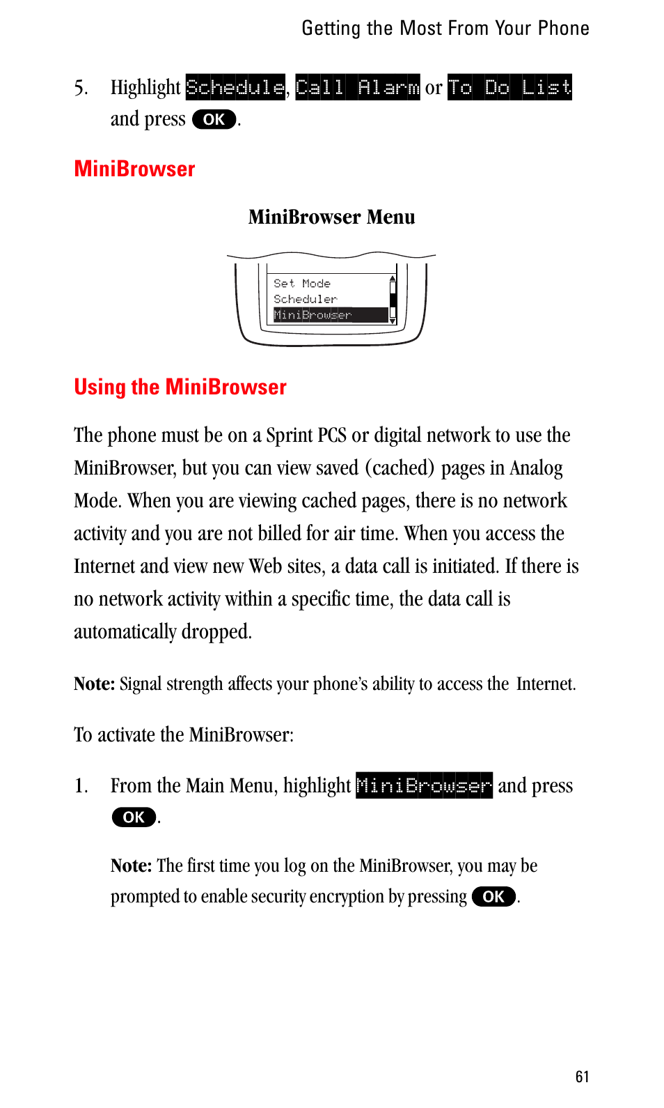 Minibrowser, Using the minibrowser | Sprint Nextel LA990009-0462 User Manual | Page 73 / 108