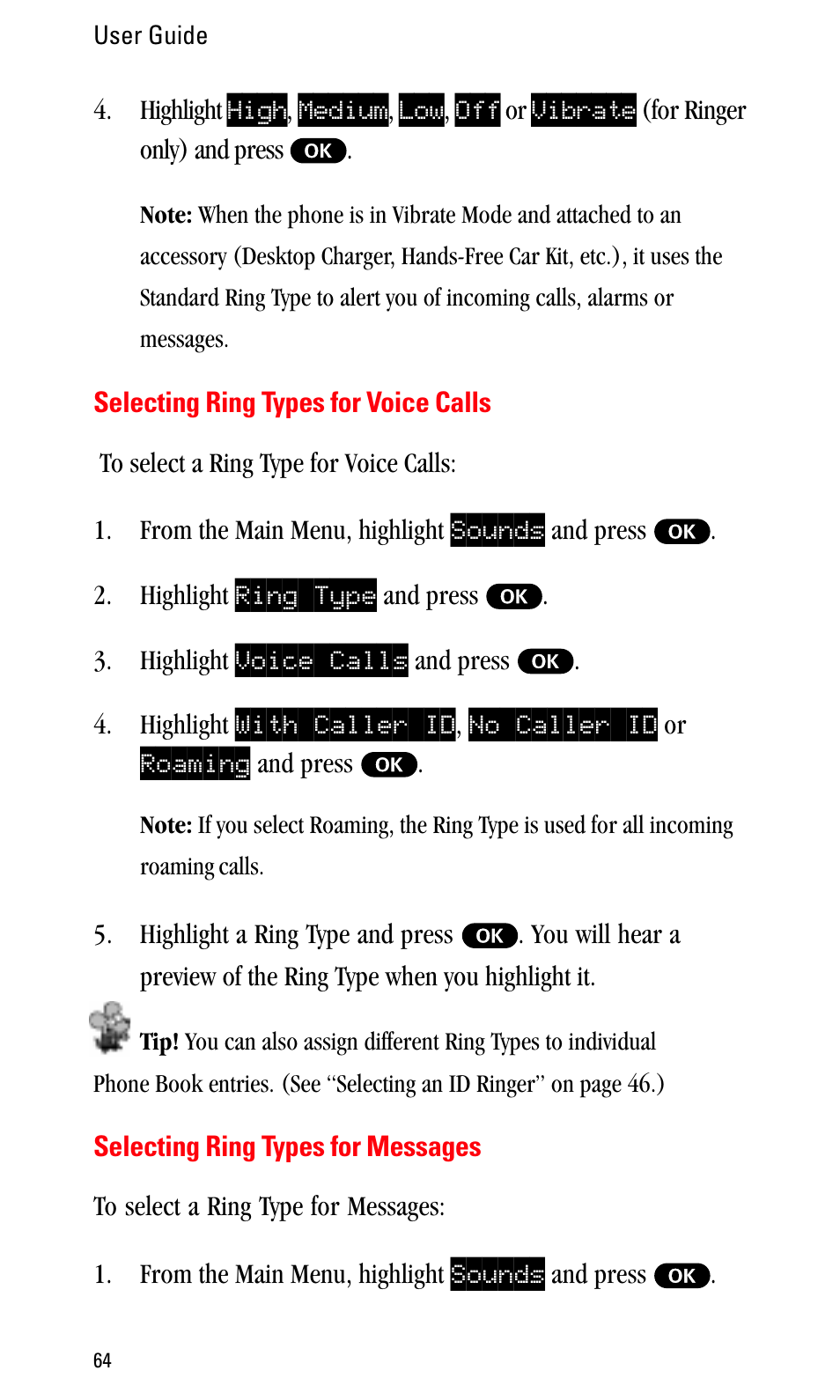 Selecting ring types for voice calls, Selecting ring types for messages | Sprint Nextel LA990009-0462 User Manual | Page 76 / 108