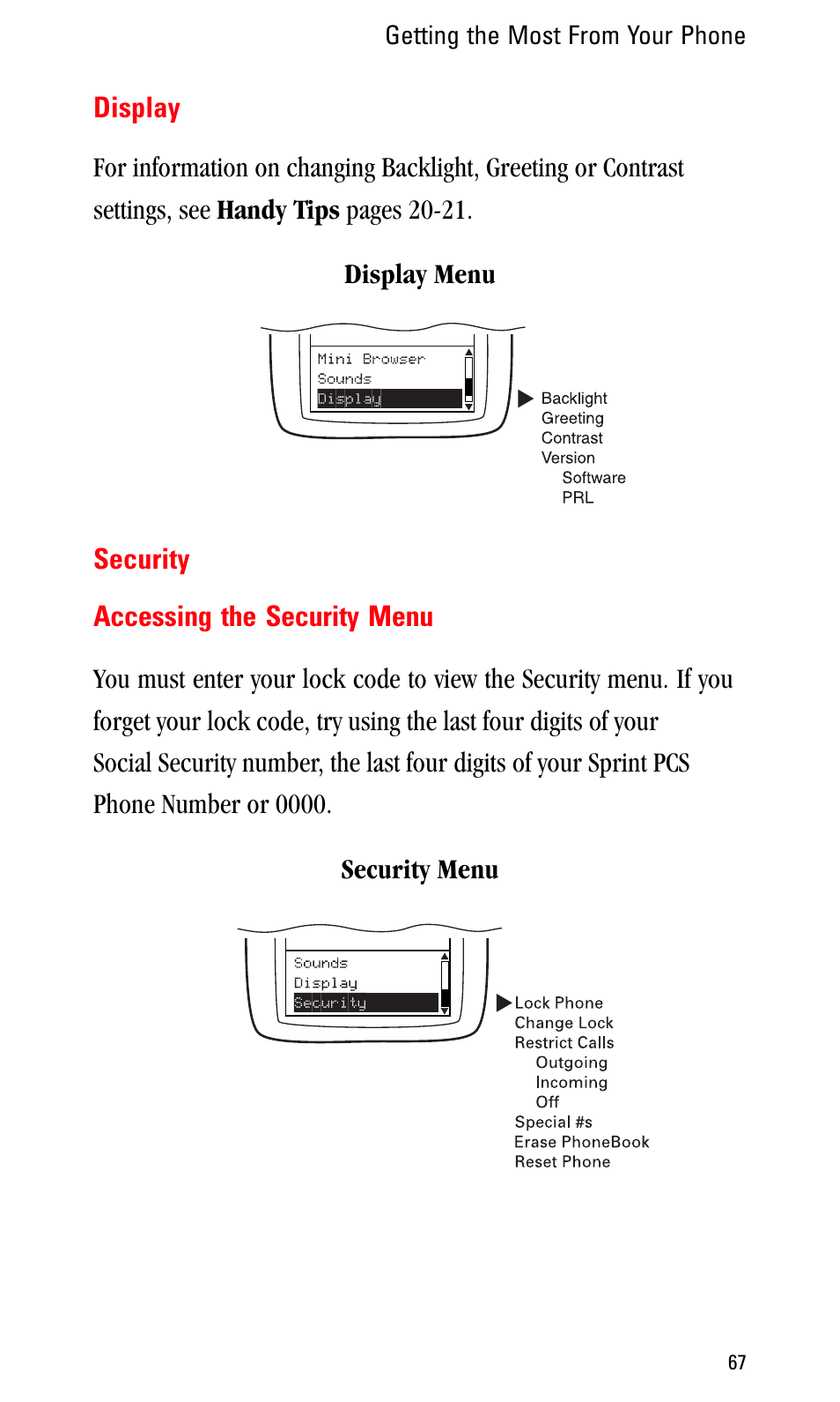 Display, Security, Accessing the security menu | Sprint Nextel LA990009-0462 User Manual | Page 79 / 108