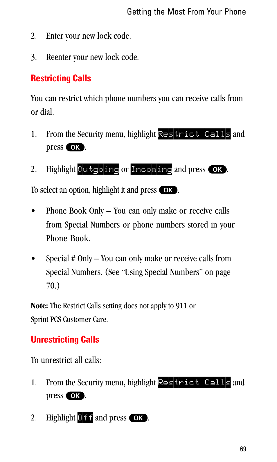 Restricting calls, Unrestricting calls | Sprint Nextel LA990009-0462 User Manual | Page 81 / 108