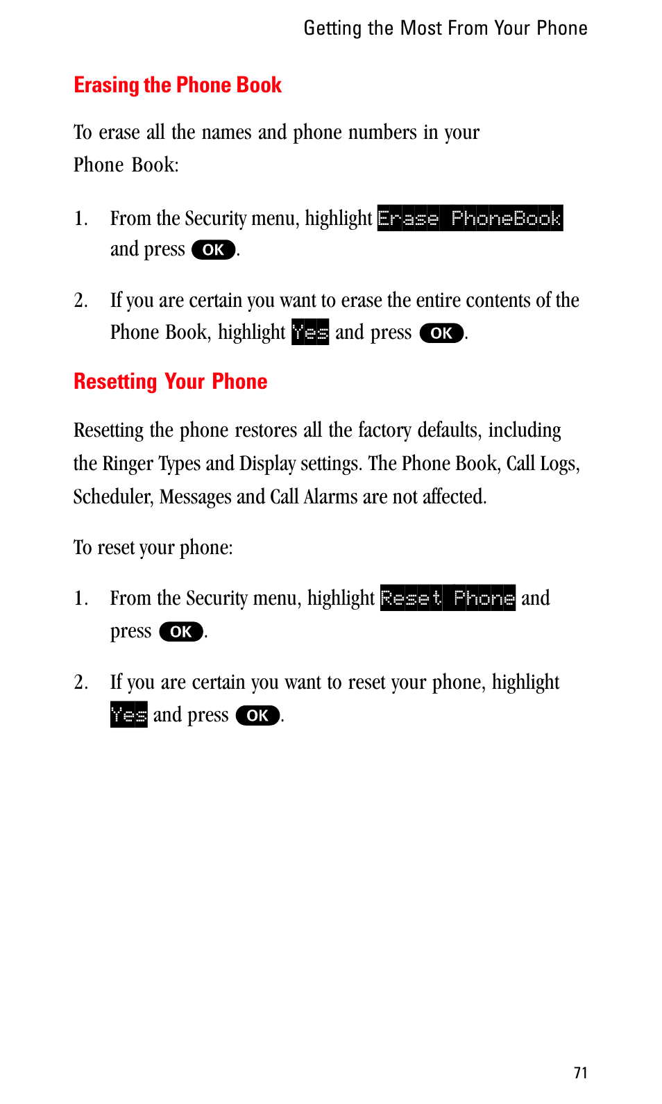 Erasing the phone book, Resetting your phone | Sprint Nextel LA990009-0462 User Manual | Page 83 / 108