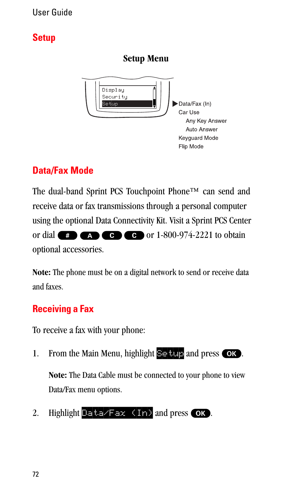 Setup, Data/fax mode, Receiving a fax | Sprint Nextel LA990009-0462 User Manual | Page 84 / 108