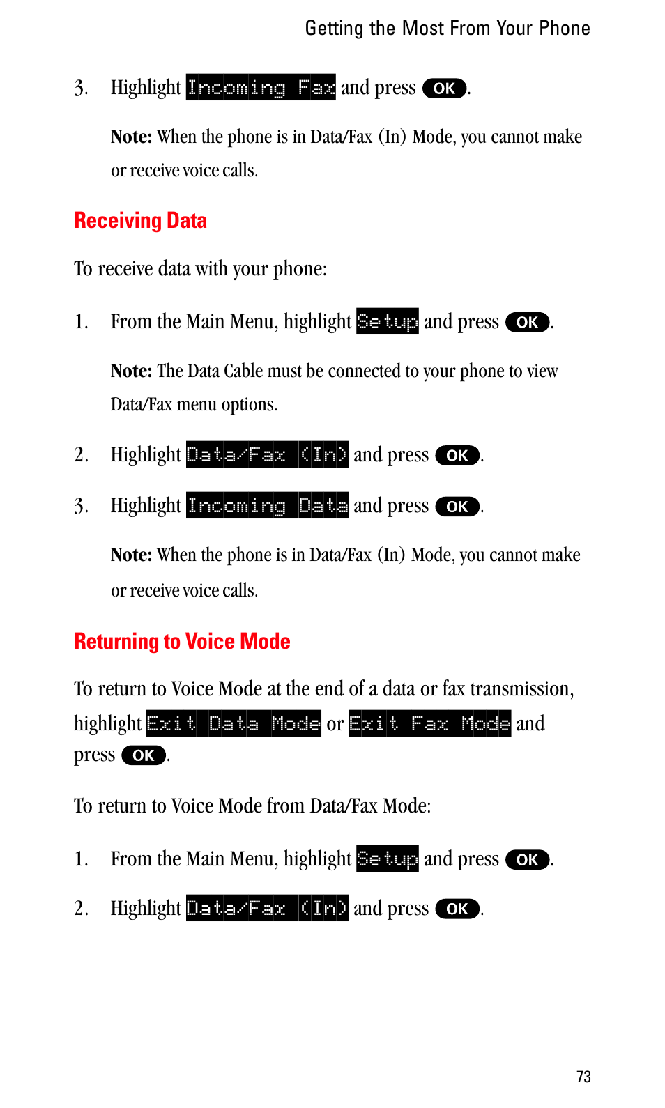 Receiving data, Returning to voice mode | Sprint Nextel LA990009-0462 User Manual | Page 85 / 108