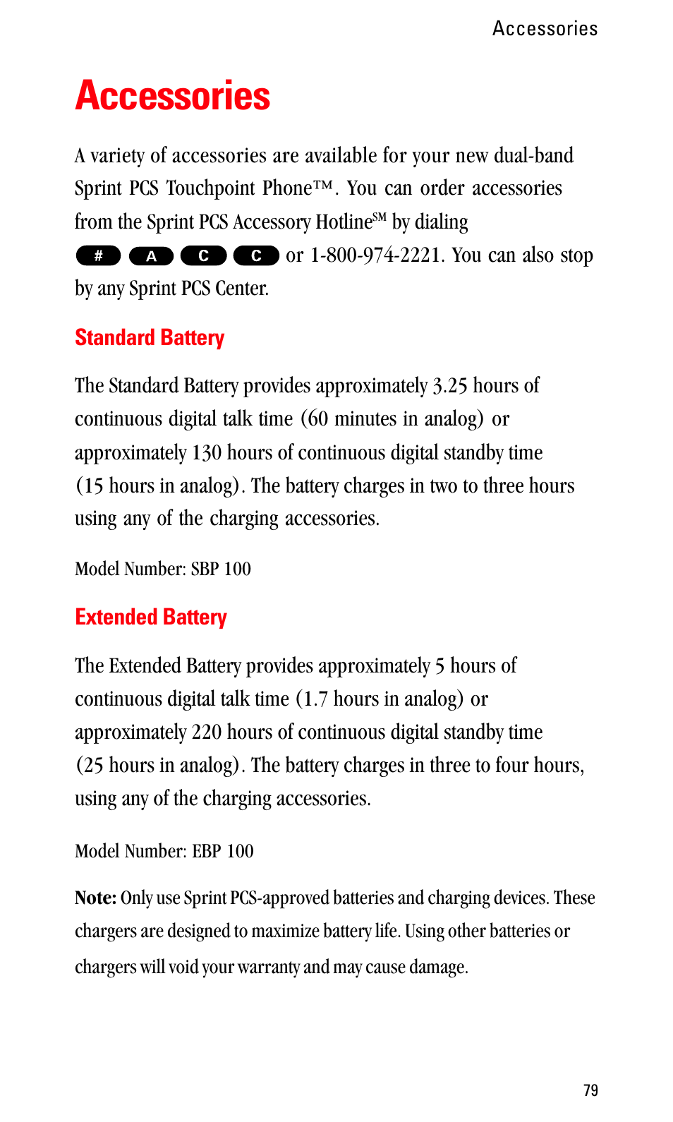 Accessories, Standard battery, Extended battery | Sprint Nextel LA990009-0462 User Manual | Page 91 / 108