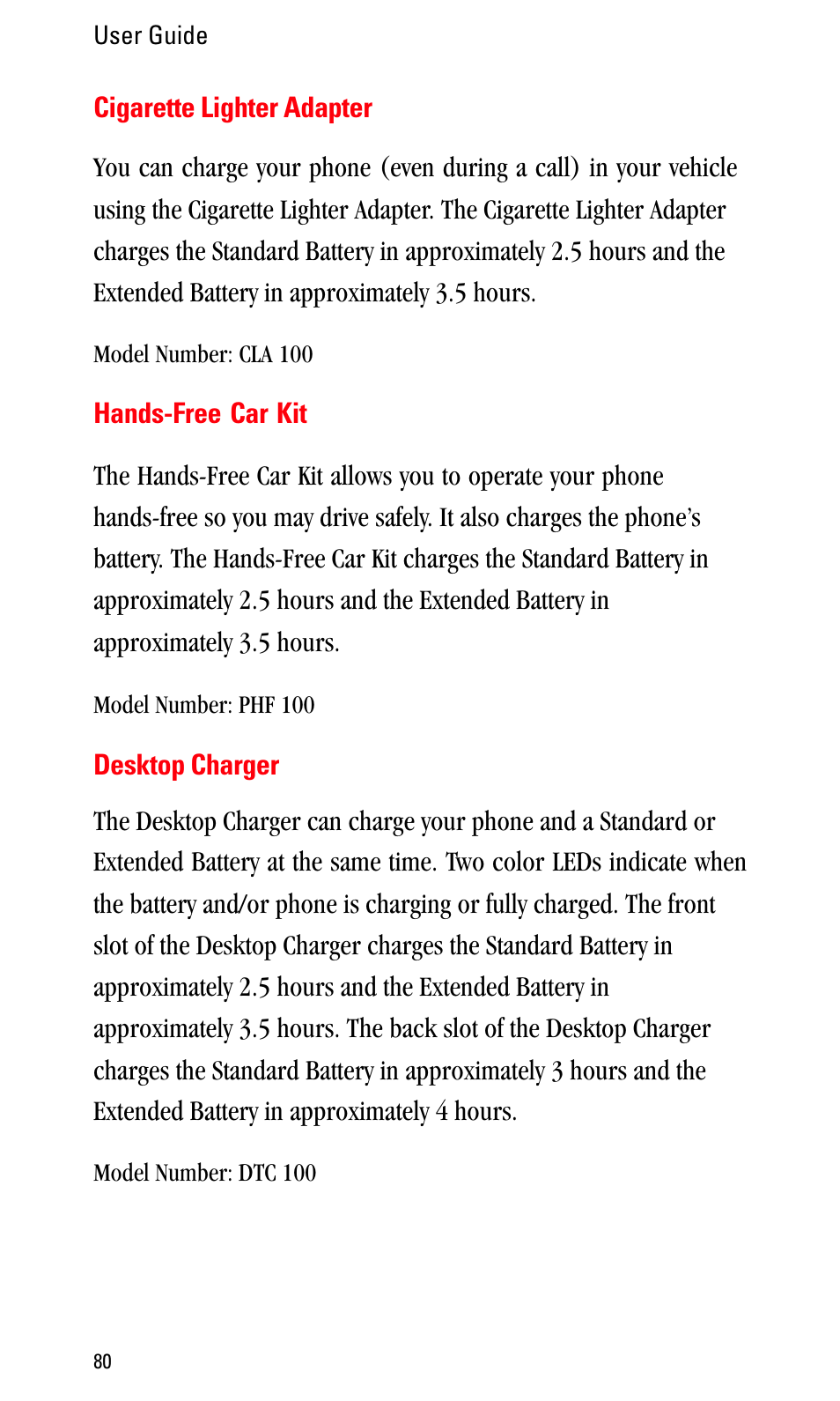 Cigarette lighter adapter, Hands-free car kit, Desktop charger | Sprint Nextel LA990009-0462 User Manual | Page 92 / 108