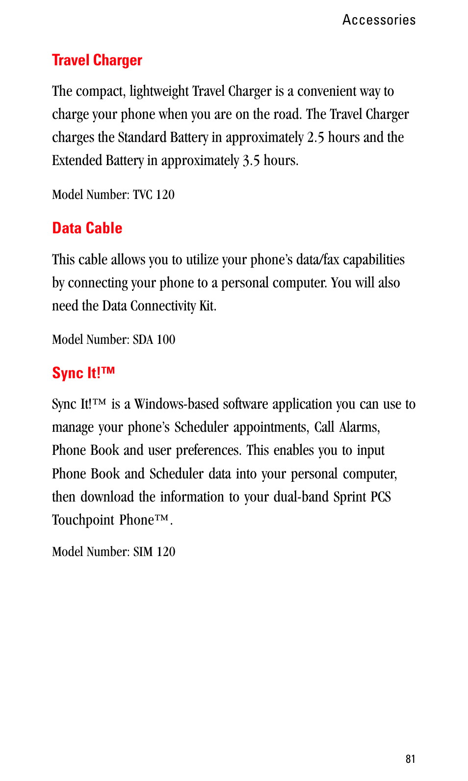 Travel charger, Data cable, Sync it | Sprint Nextel LA990009-0462 User Manual | Page 93 / 108