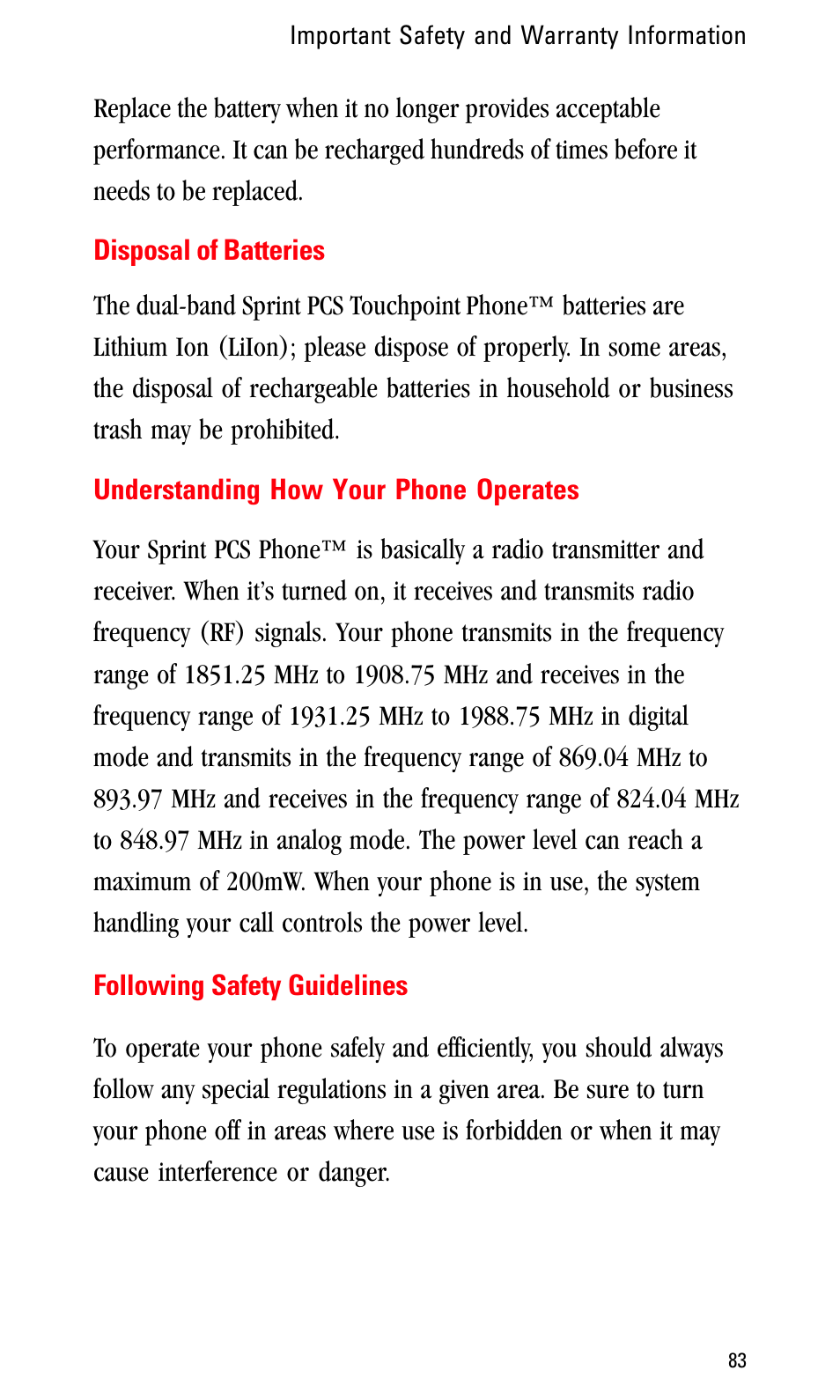 Disposal of batteries, Understanding how your phone operates, Following safety guidelines | Sprint Nextel LA990009-0462 User Manual | Page 95 / 108