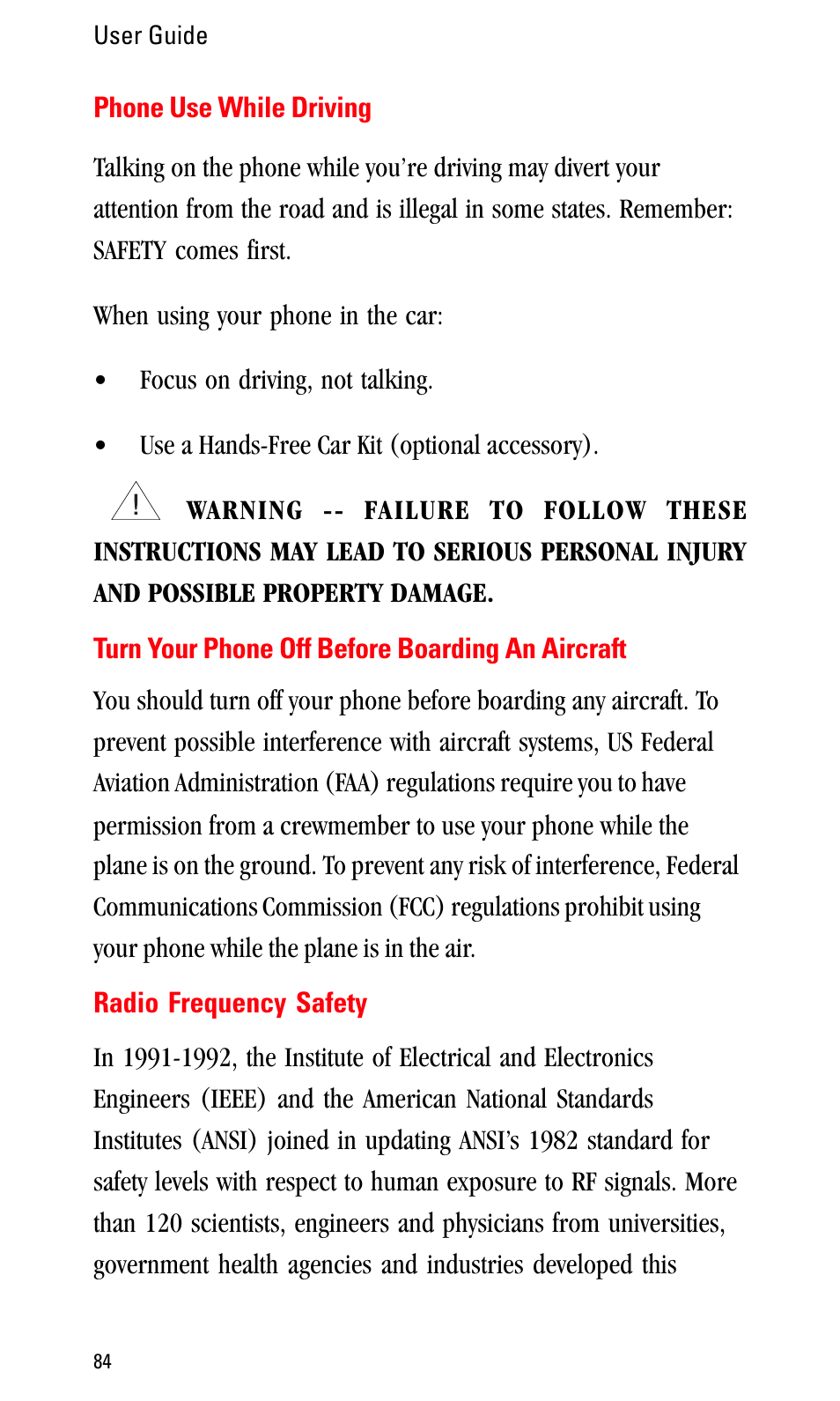 Phone use while driving, Turn your phone off before boarding an aircraft, Radio frequency safety | Sprint Nextel LA990009-0462 User Manual | Page 96 / 108