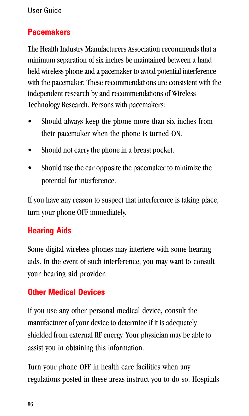 Pacemakers, Hearing aids, Other medical devices | Sprint Nextel LA990009-0462 User Manual | Page 98 / 108