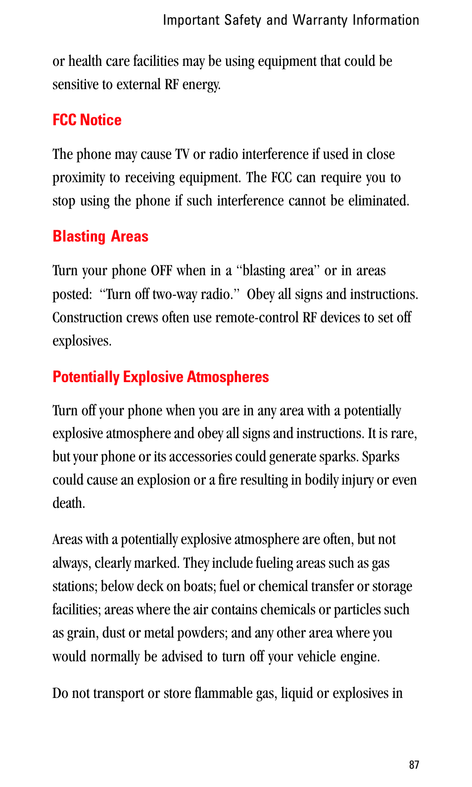 Fcc notice, Blasting areas, Potentially explosive atmospheres | Sprint Nextel LA990009-0462 User Manual | Page 99 / 108