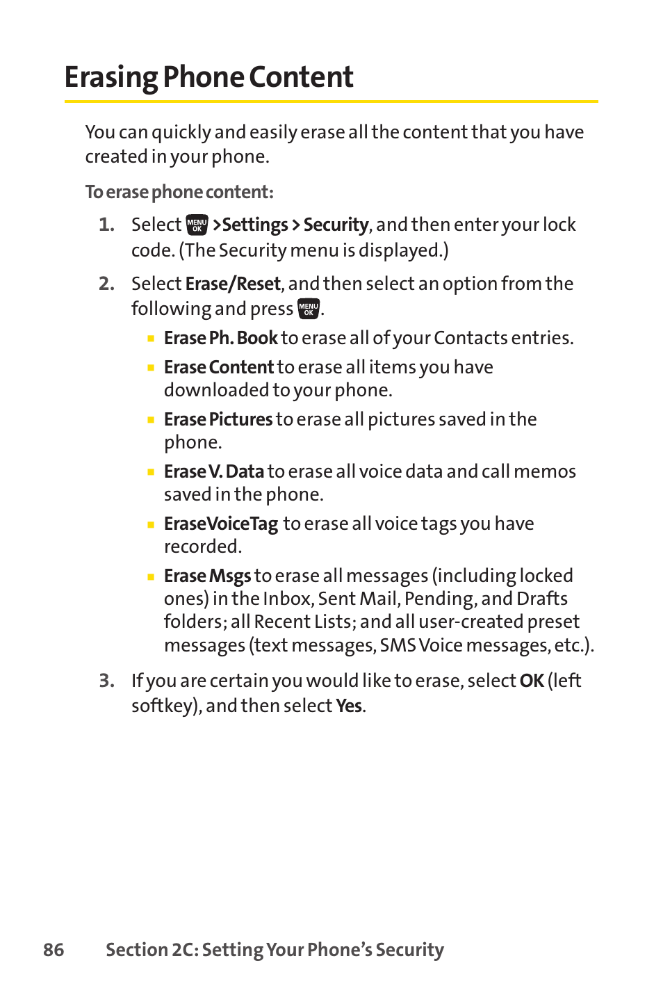Erasing phone content | Sprint Nextel SANYO SCP-3200 User Manual | Page 102 / 281