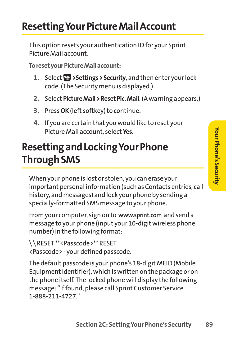 Resetting your picture mail account, Resetting and locking your phone through sms | Sprint Nextel SANYO SCP-3200 User Manual | Page 105 / 281