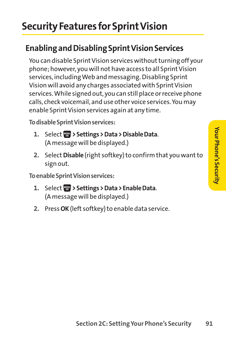 Security features for sprint vision, Security features for sprintvision, Enabling and disabling sprintvision services | Sprint Nextel SANYO SCP-3200 User Manual | Page 107 / 281