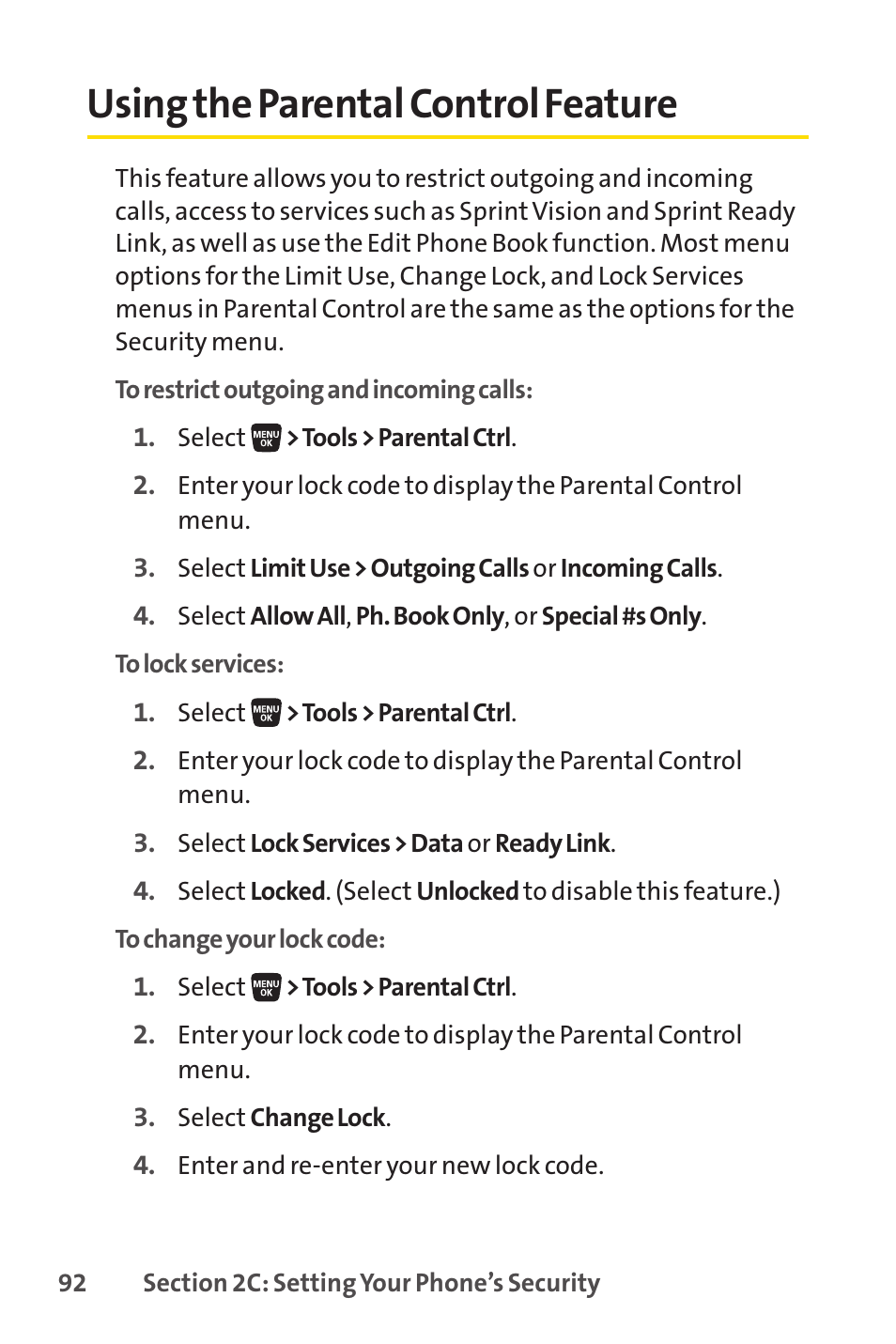 Using the parental control feature | Sprint Nextel SANYO SCP-3200 User Manual | Page 108 / 281