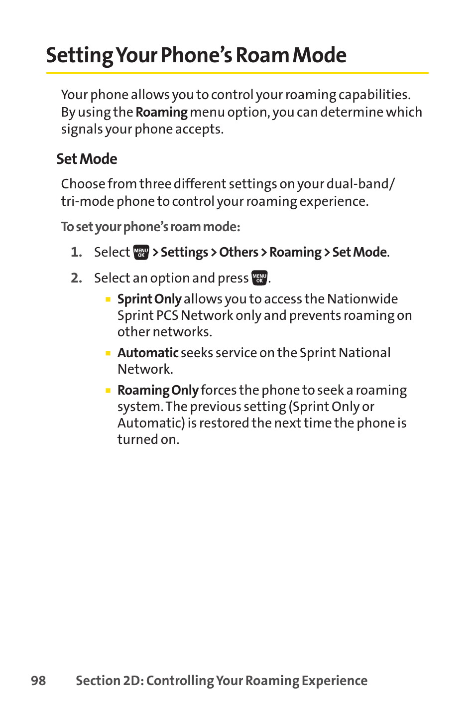 Setting your phone's roam mode, Setting your phone’s roam mode | Sprint Nextel SANYO SCP-3200 User Manual | Page 114 / 281