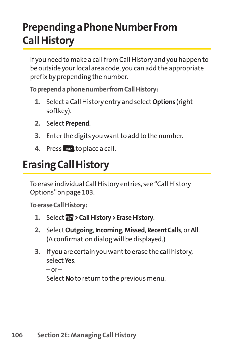Prepending a phone number from call history, Erasing call history | Sprint Nextel SANYO SCP-3200 User Manual | Page 122 / 281