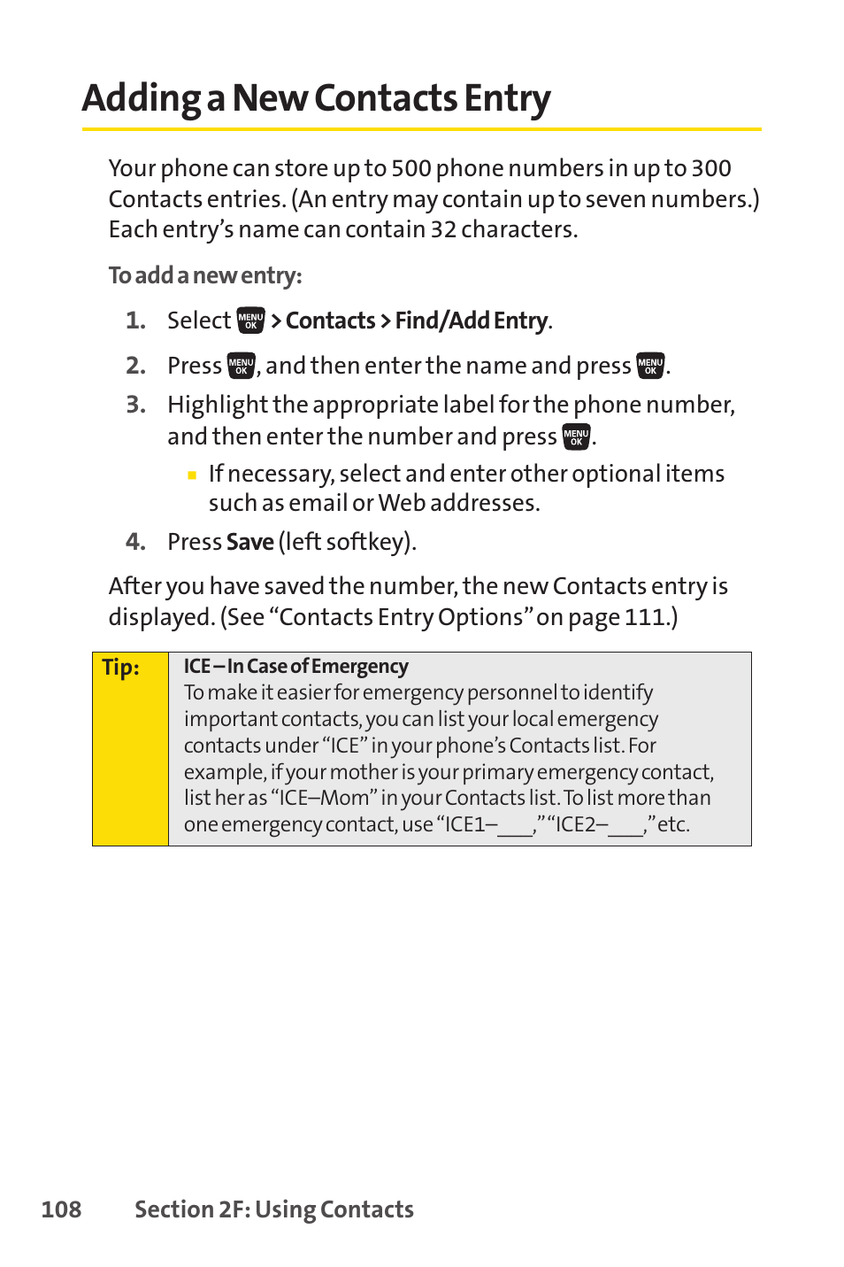 Adding a new contacts entry | Sprint Nextel SANYO SCP-3200 User Manual | Page 124 / 281