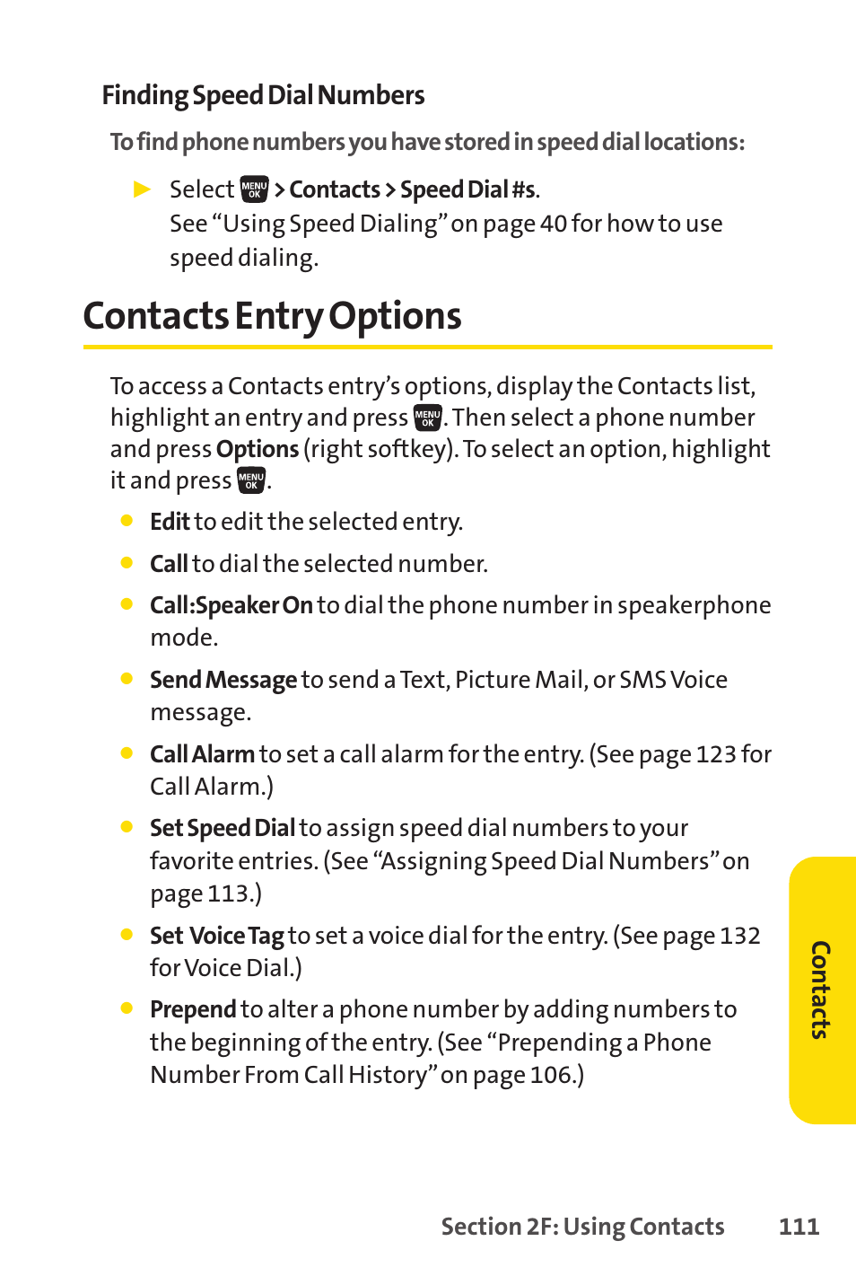 Contacts entry options, Finding speed dial numbers, Co n ta ct s | Sprint Nextel SANYO SCP-3200 User Manual | Page 127 / 281