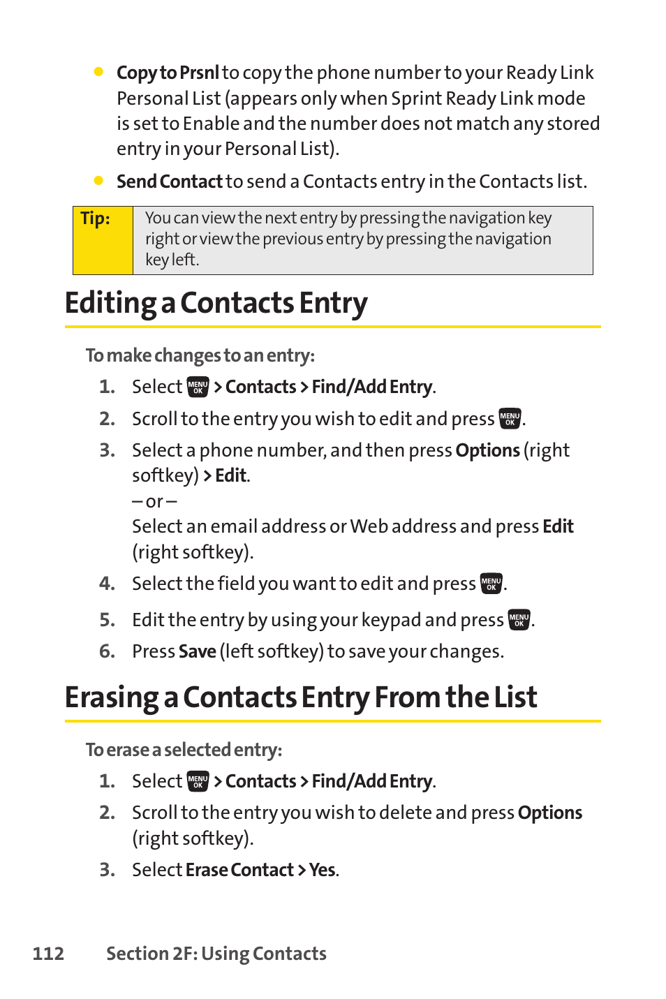 Editing a contacts entry, Erasing a contacts entry from the list | Sprint Nextel SANYO SCP-3200 User Manual | Page 128 / 281