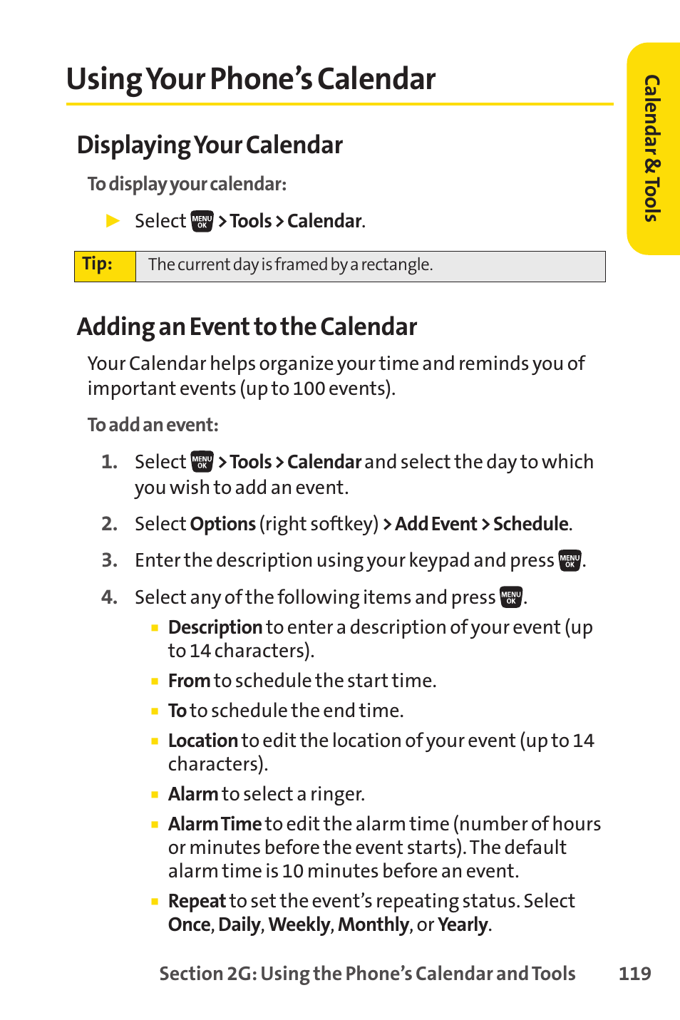 Using your phone's calendar, Using your phone’s calendar, Displaying your calendar | Adding an event to the calendar | Sprint Nextel SANYO SCP-3200 User Manual | Page 135 / 281