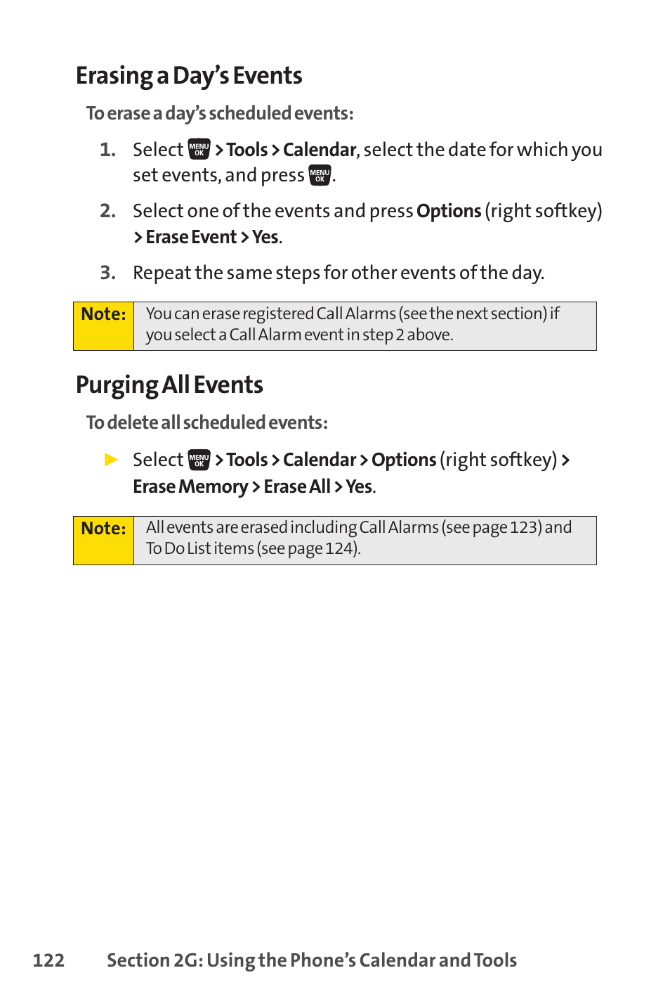 Erasing a day’s events, Purging all events | Sprint Nextel SANYO SCP-3200 User Manual | Page 138 / 281