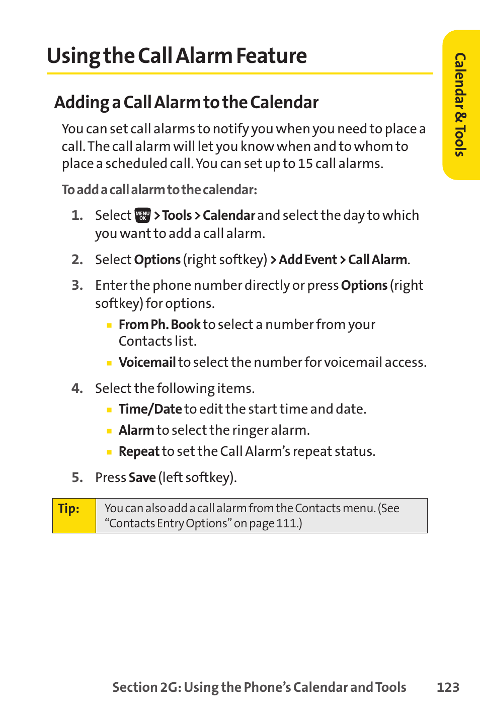 Using the call alarm feature, Adding a call alarm to the calendar | Sprint Nextel SANYO SCP-3200 User Manual | Page 139 / 281