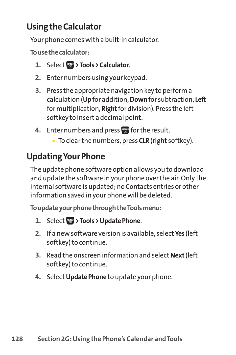 Using the calculator, Updating your phone | Sprint Nextel SANYO SCP-3200 User Manual | Page 144 / 281