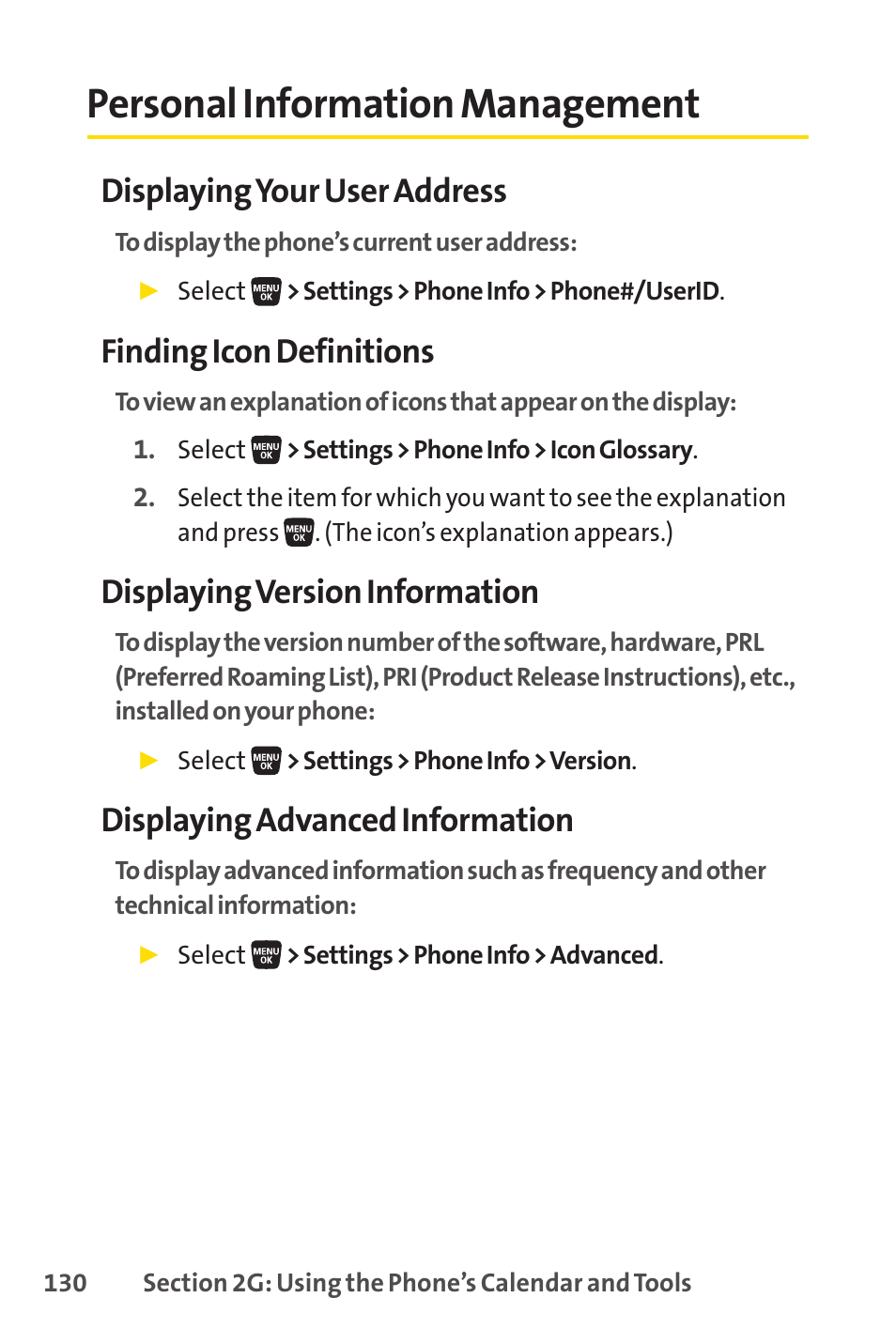 Personal information management, Displaying your user address, Finding icon definitions | Displaying version information, Displaying advanced information | Sprint Nextel SANYO SCP-3200 User Manual | Page 146 / 281