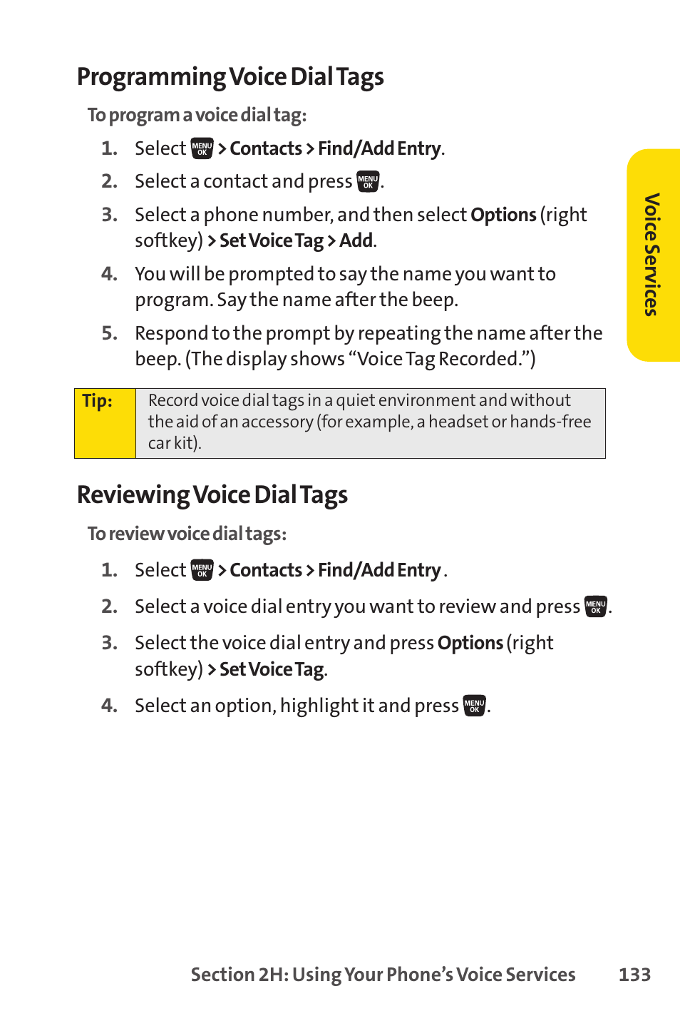 Programming voice dial tags, Reviewing voice dial tags | Sprint Nextel SANYO SCP-3200 User Manual | Page 149 / 281