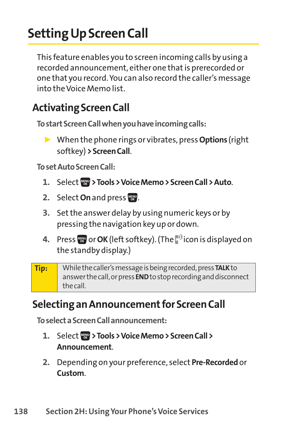 Setting up screen call, Activating screen call, Selecting an announcement for screen call | Sprint Nextel SANYO SCP-3200 User Manual | Page 154 / 281