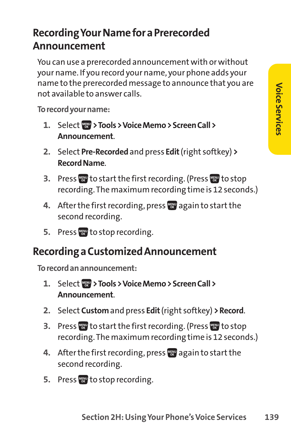Recording your name for a prerecorded announcement, Recording a customized announcement | Sprint Nextel SANYO SCP-3200 User Manual | Page 155 / 281