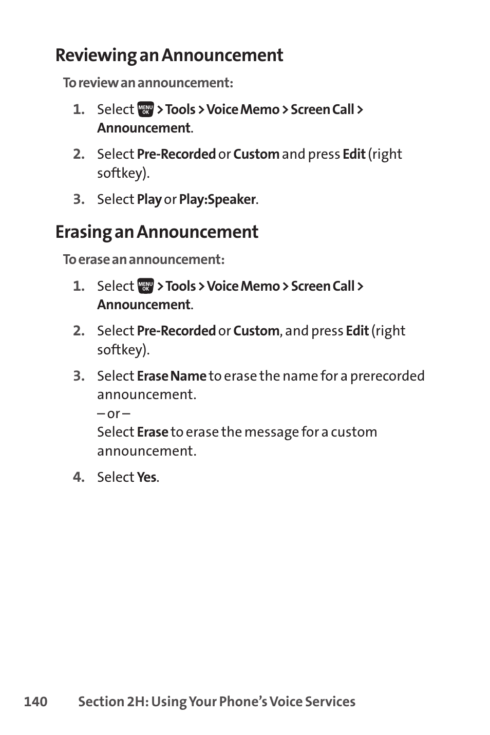 Reviewing an announcement, Erasing an announcement | Sprint Nextel SANYO SCP-3200 User Manual | Page 156 / 281