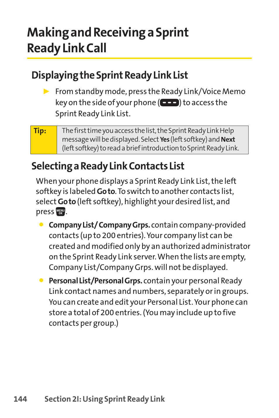 Making and receiving a sprint ready link call, Displaying the sprint ready link list, Selecting a ready link contacts list | Sprint Nextel SANYO SCP-3200 User Manual | Page 160 / 281