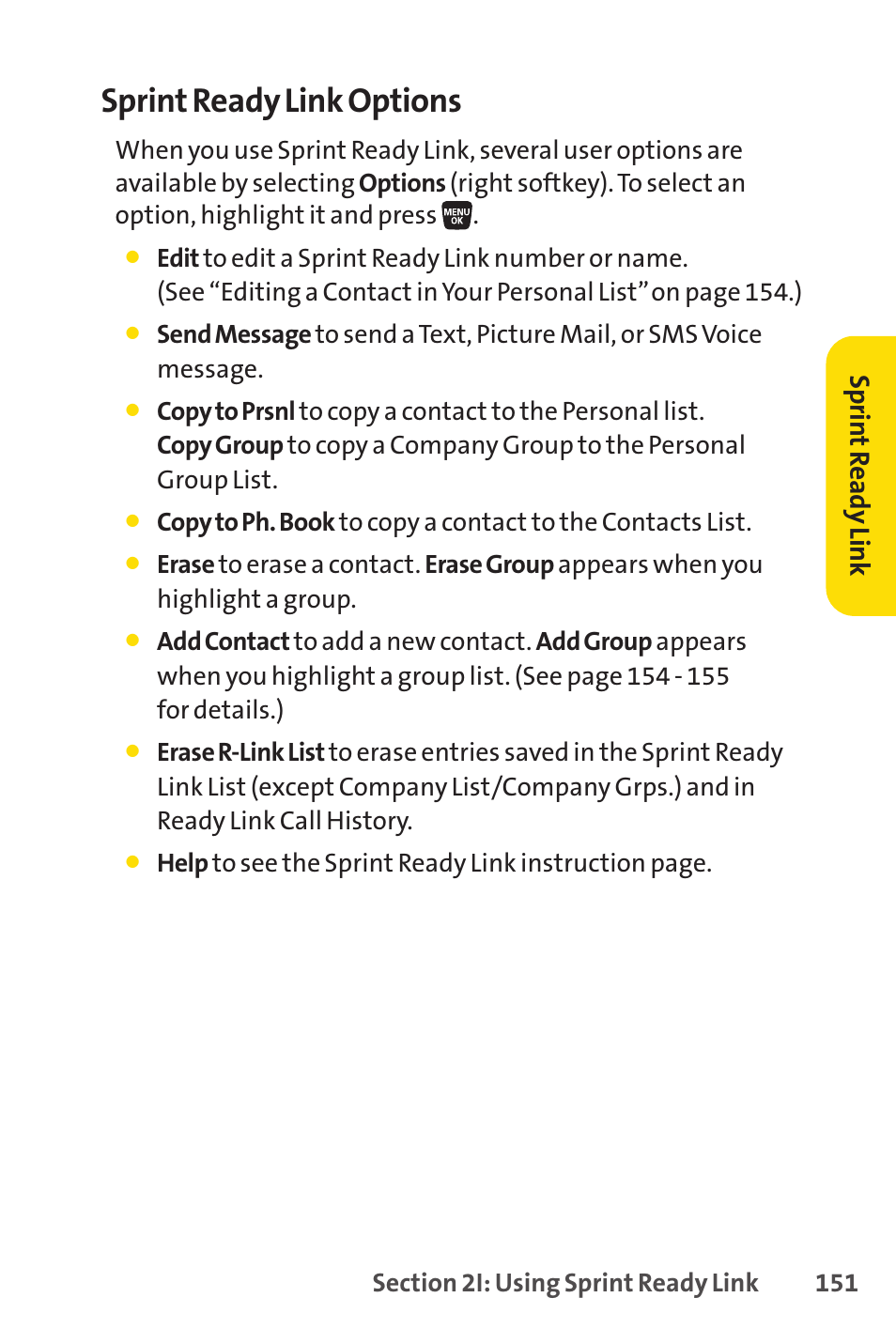 Sprint ready link options, Sp rin tr ea dy lin k | Sprint Nextel SANYO SCP-3200 User Manual | Page 167 / 281