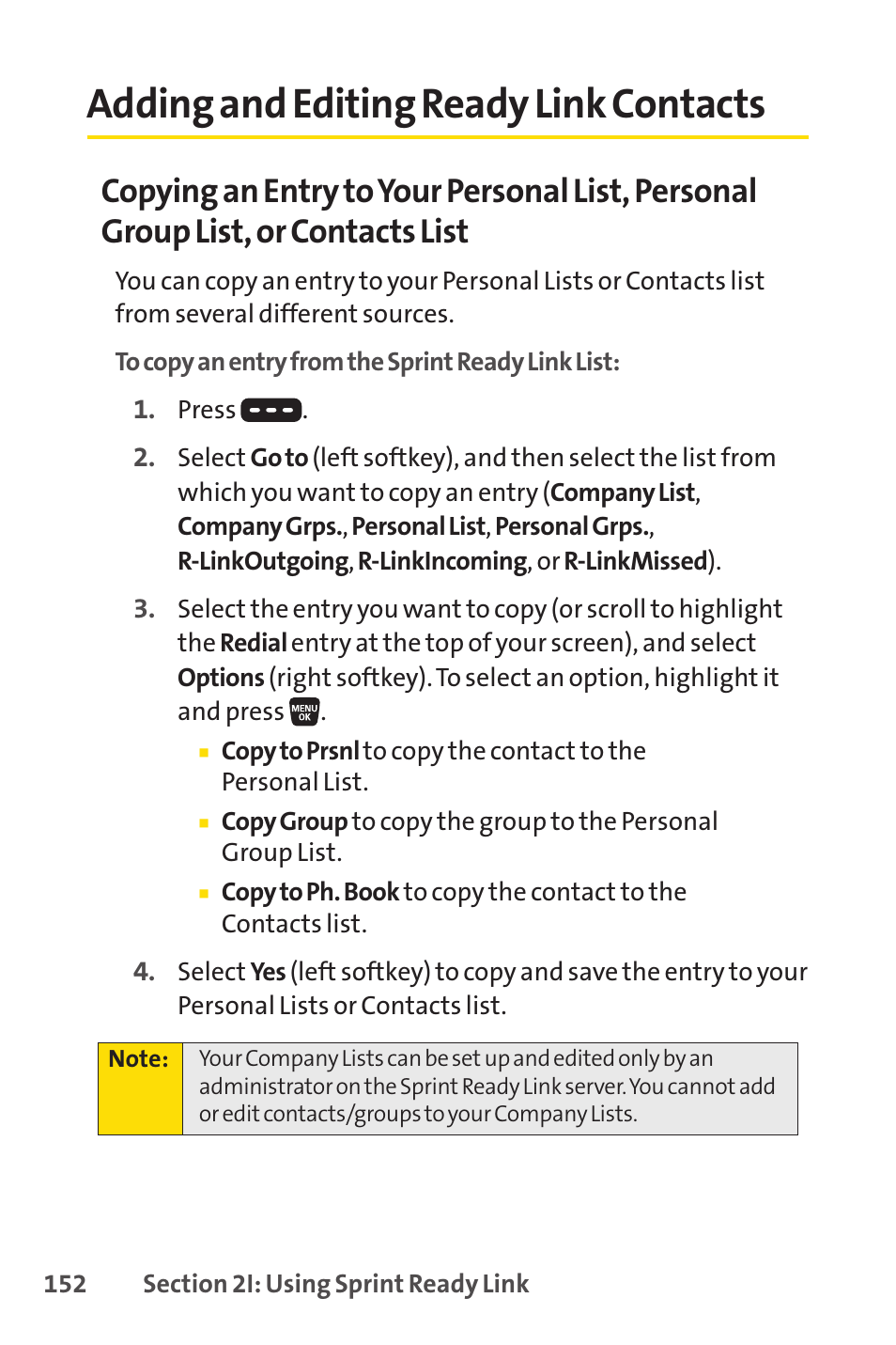 Adding and editing ready link contacts | Sprint Nextel SANYO SCP-3200 User Manual | Page 168 / 281