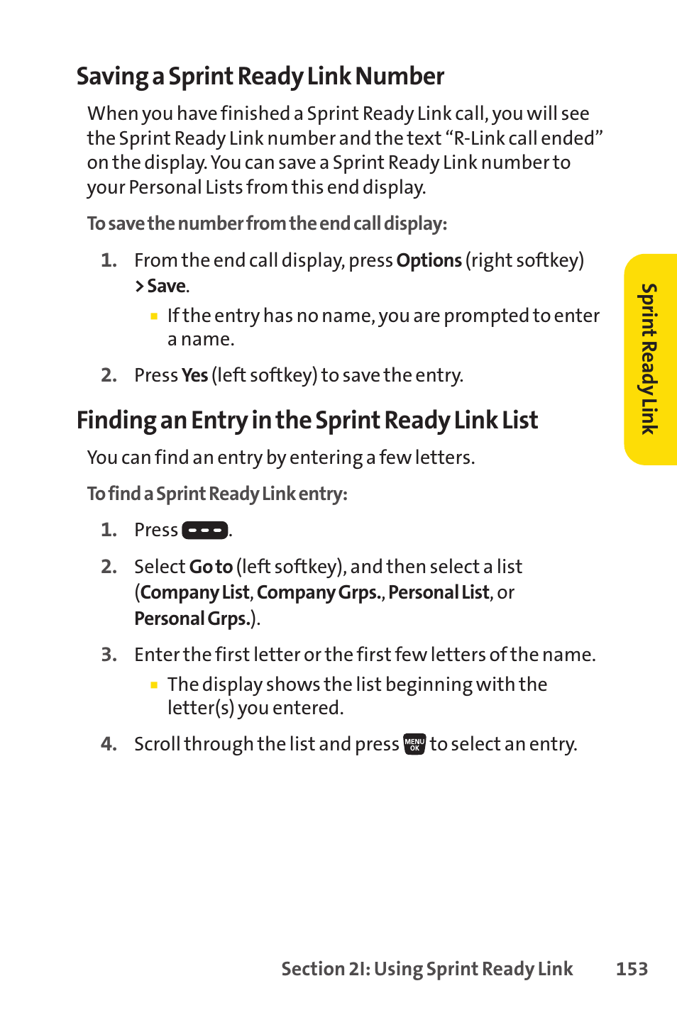 Saving a sprint ready link number, Finding an entry in the sprint ready link list | Sprint Nextel SANYO SCP-3200 User Manual | Page 169 / 281