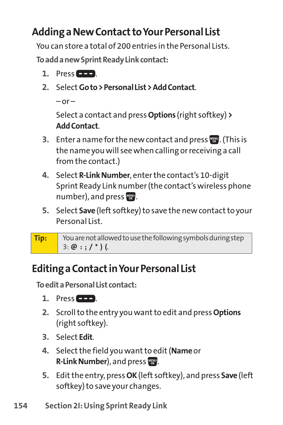Adding a new contact to your personal list, Editing a contact in your personal list | Sprint Nextel SANYO SCP-3200 User Manual | Page 170 / 281