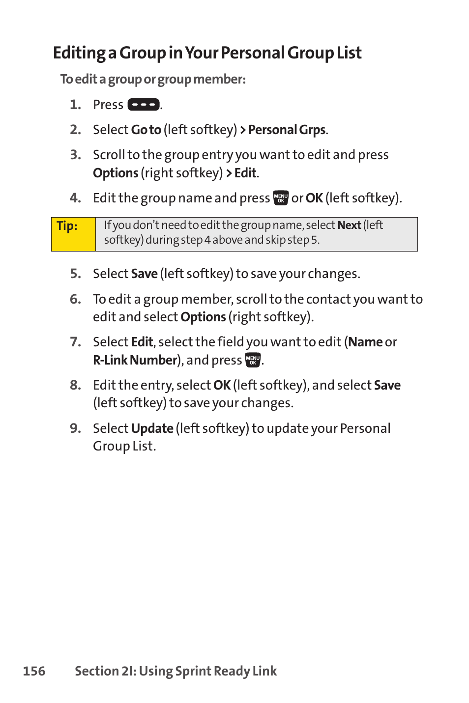 Editing a group in your personal group list | Sprint Nextel SANYO SCP-3200 User Manual | Page 172 / 281