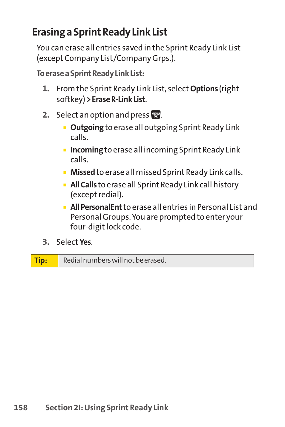 Erasing a sprint ready link list | Sprint Nextel SANYO SCP-3200 User Manual | Page 174 / 281