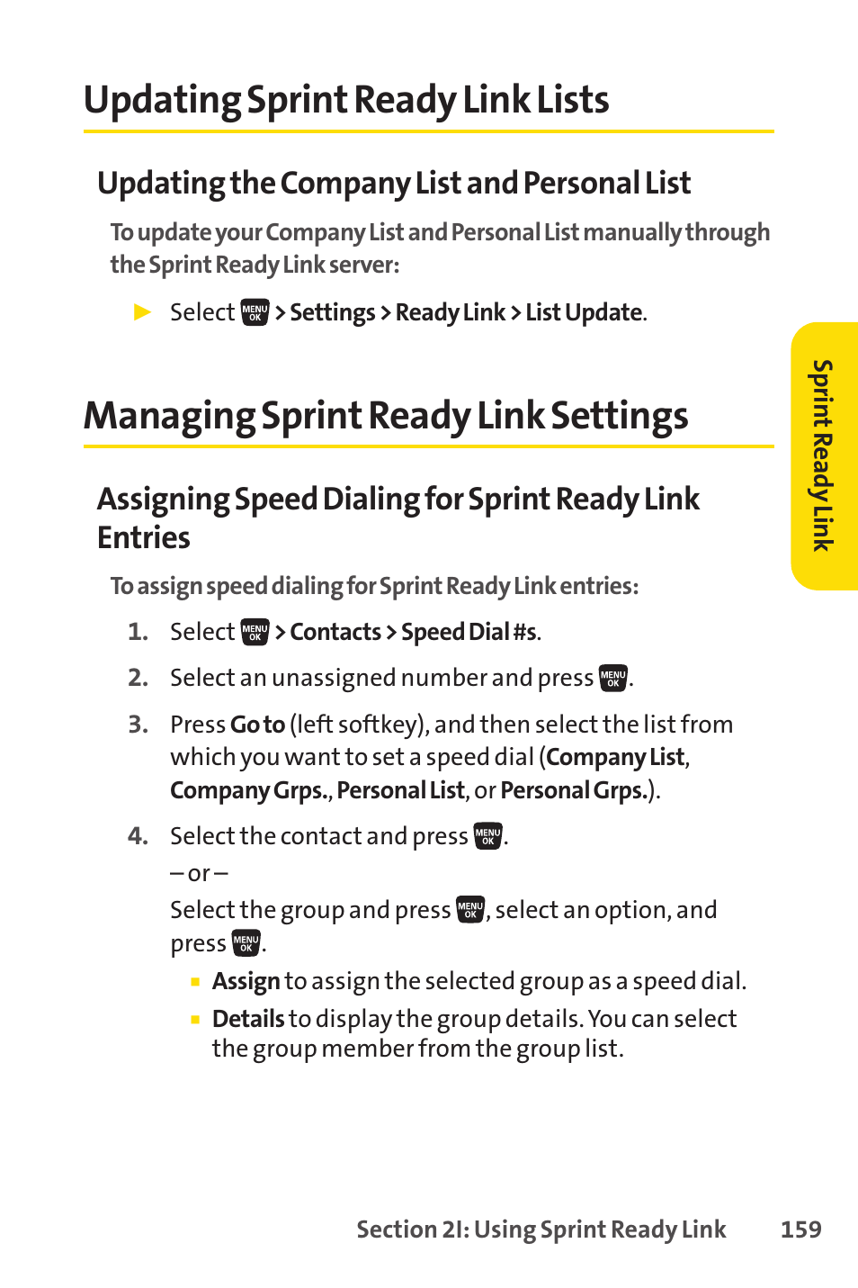 Updating sprint ready link lists, Managing sprint ready link settings, Updating the company list and personal list | Sprint Nextel SANYO SCP-3200 User Manual | Page 175 / 281